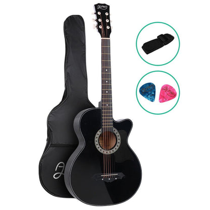 Alpha 38 Inch Acoustic Guitar Wooden Body Steel String Full Size Cutaway Black.