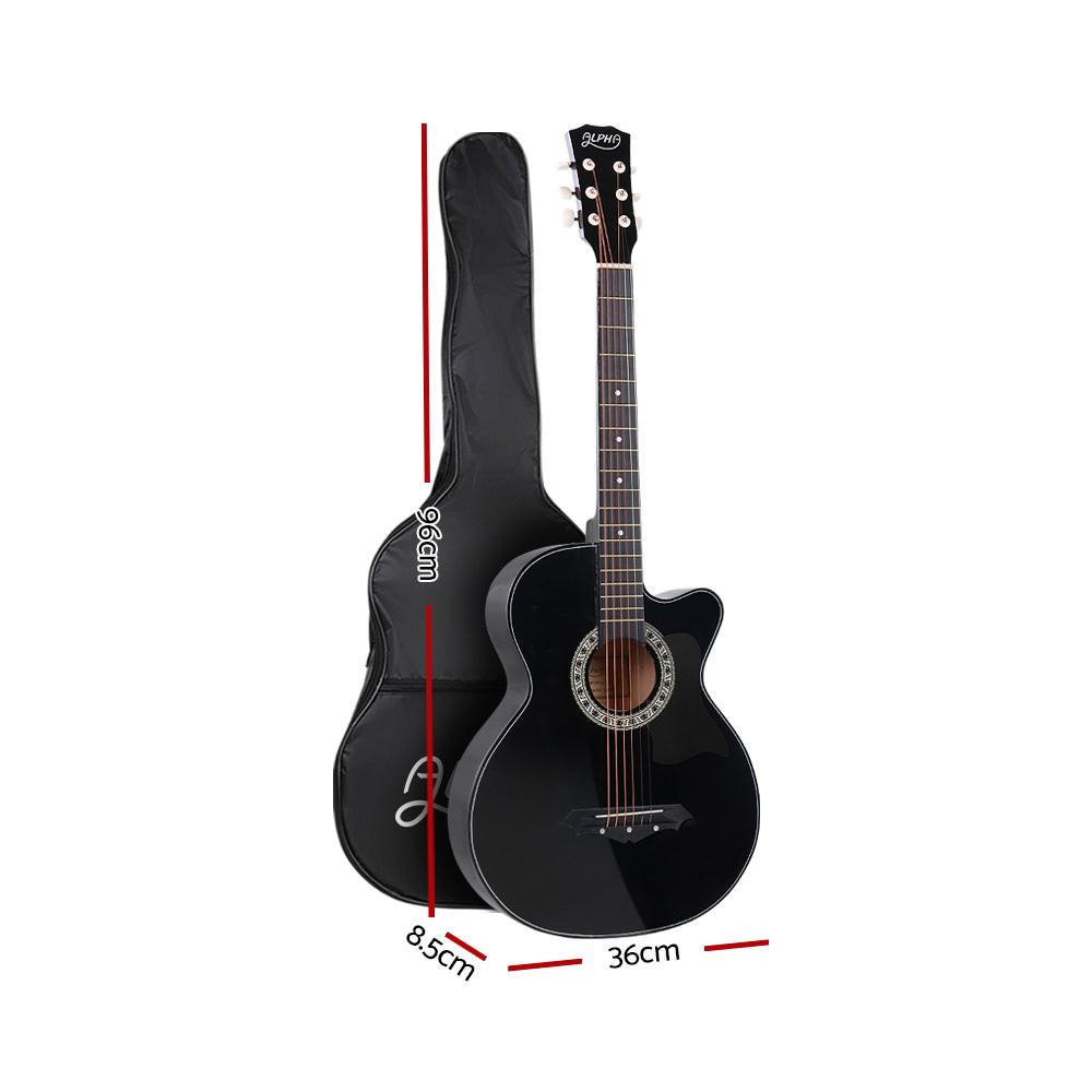 Alpha 38 Inch Acoustic Guitar Wooden Body Steel String Full Size Cutaway Black.