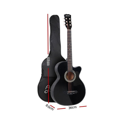 Alpha 38 Inch Acoustic Guitar Wooden Body Steel String Full Size Cutaway Black.
