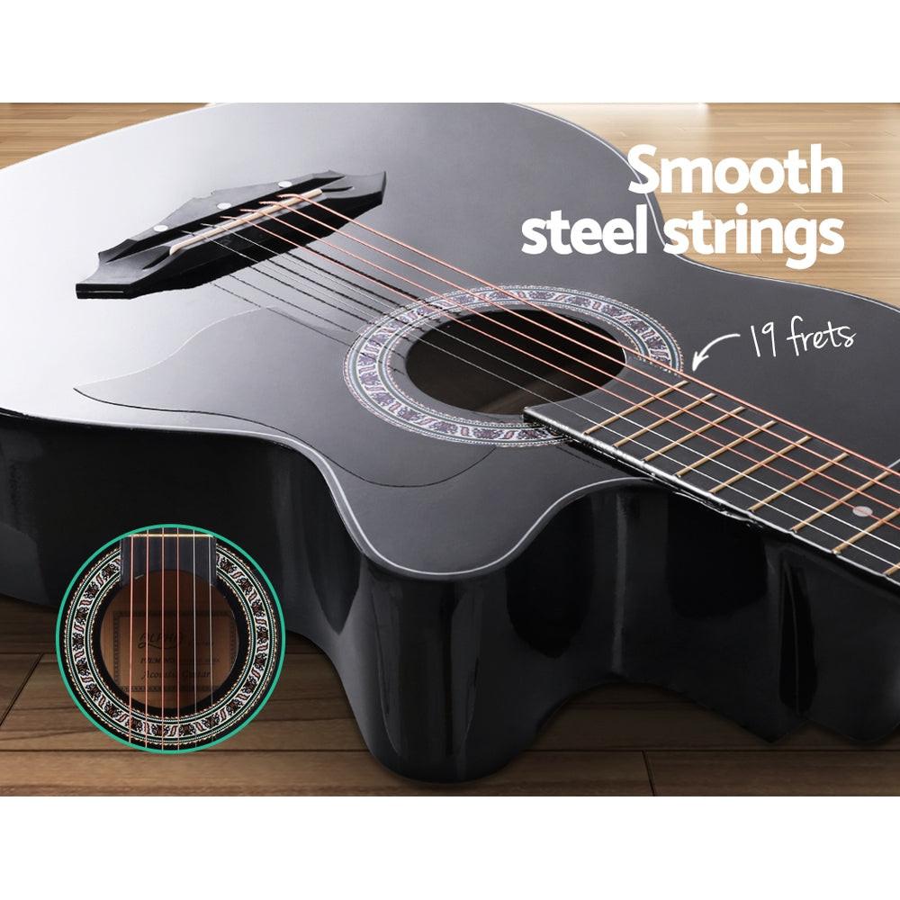 Alpha 38 Inch Acoustic Guitar Wooden Body Steel String Full Size Cutaway Black.