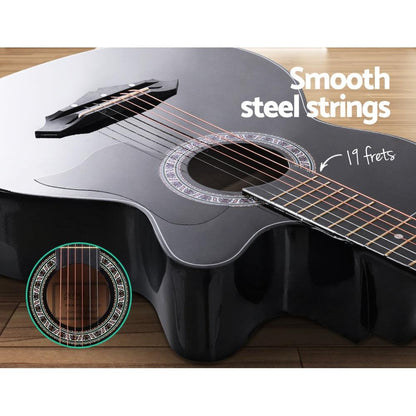 Alpha 38 Inch Acoustic Guitar Wooden Body Steel String Full Size Cutaway Black.