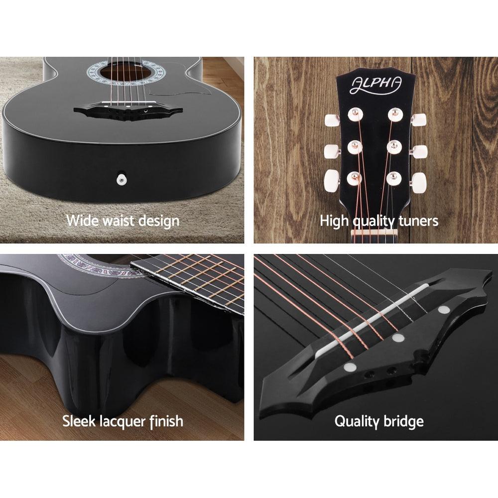 Alpha 38 Inch Acoustic Guitar Wooden Body Steel String Full Size Cutaway Black.