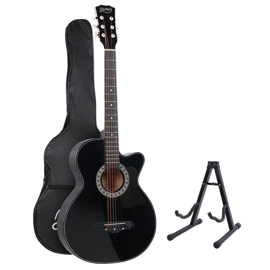 Alpha 38 Inch Acoustic Guitar Wooden Body Steel String Full Size w/ Stand Black.