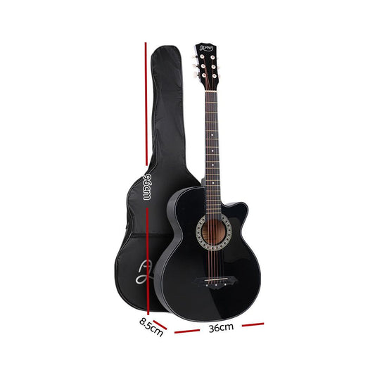 Alpha 38 Inch Acoustic Guitar Wooden Body Steel String Full Size w/ Stand Black.