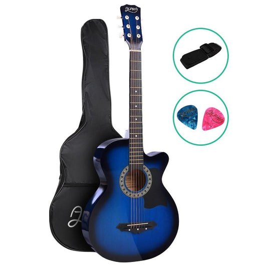 Alpha 38 Inch Acoustic Guitar Wooden Body Steel String Cutaway Blue.