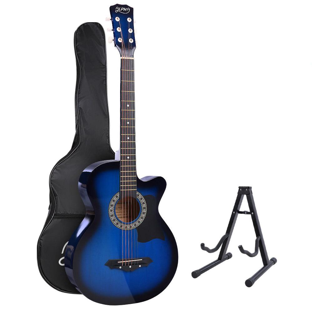 Alpha 38 Inch Acoustic Guitar Wooden Body Steel String Full Size w/ Stand Blue.