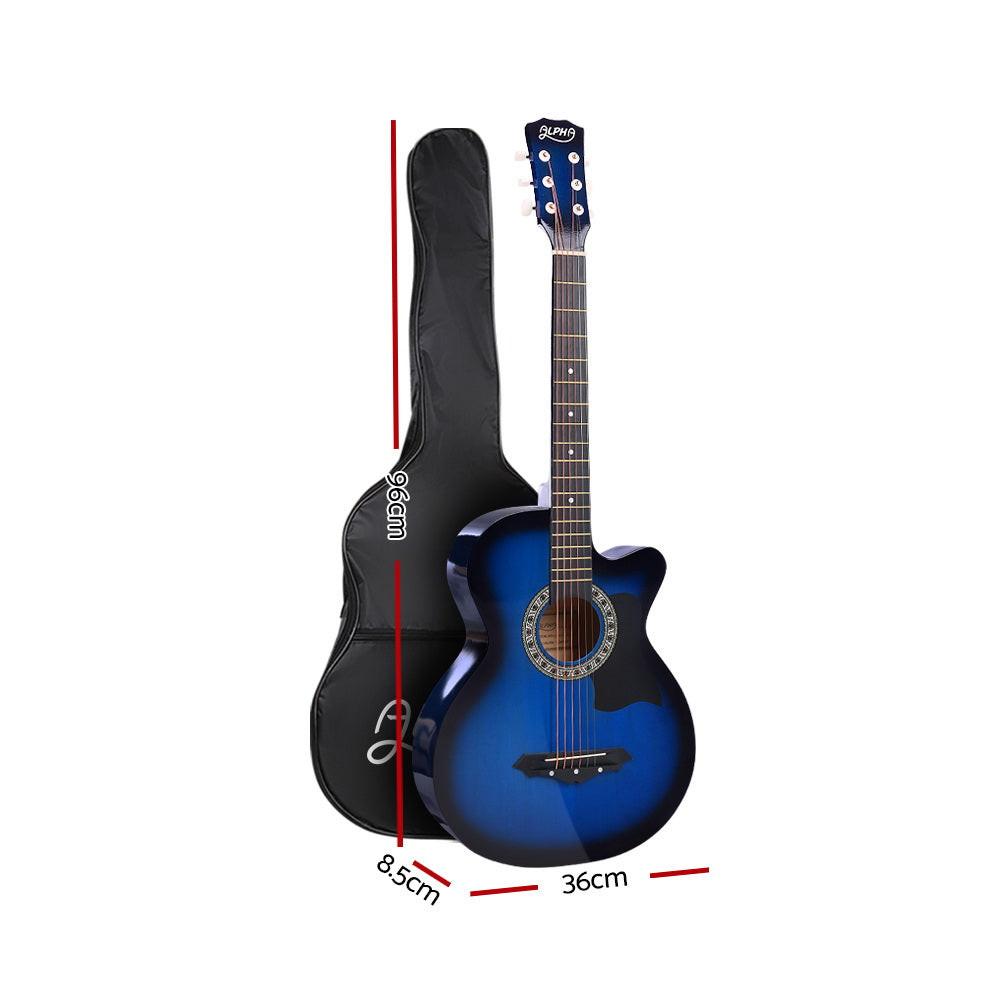 Alpha 38 Inch Acoustic Guitar Wooden Body Steel String Full Size w/ Stand Blue.