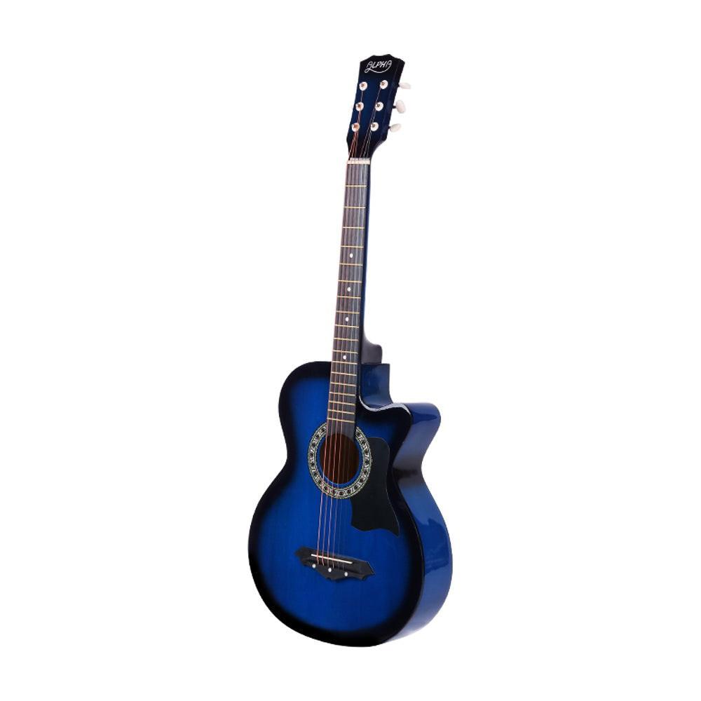 Alpha 38 Inch Acoustic Guitar Wooden Body Steel String Full Size w/ Stand Blue.
