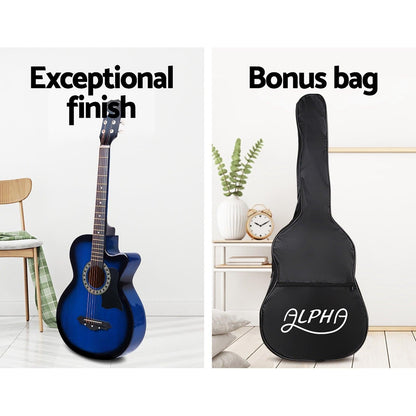 Alpha 38 Inch Acoustic Guitar Wooden Body Steel String Full Size w/ Stand Blue.