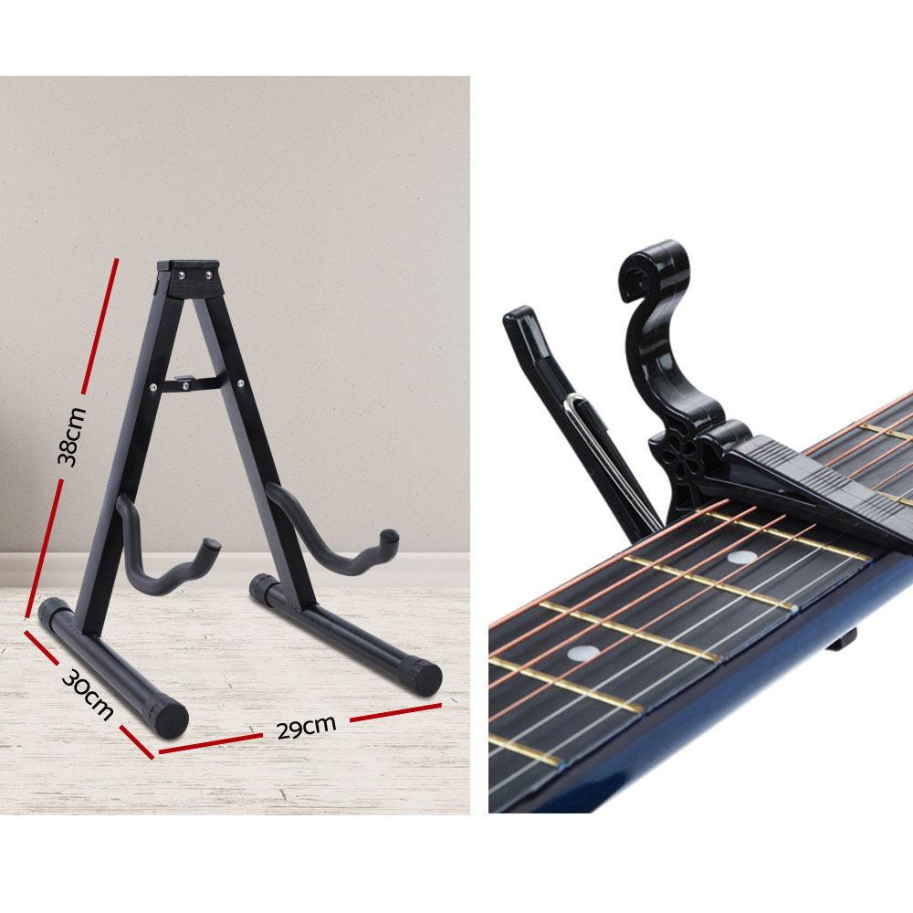 Alpha 38 Inch Acoustic Guitar Wooden Body Steel String Full Size w/ Stand Blue.
