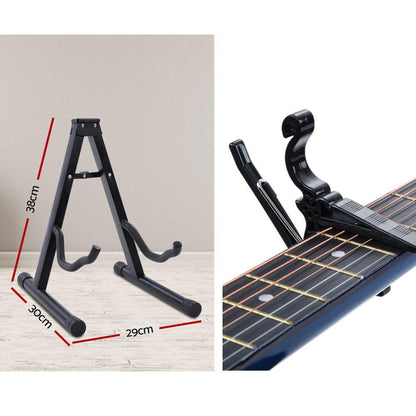 Alpha 38 Inch Acoustic Guitar Wooden Body Steel String Full Size w/ Stand Blue.