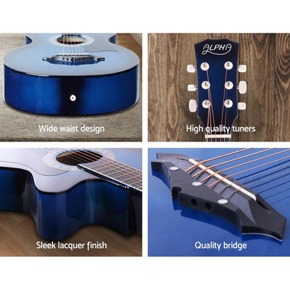 Alpha 38 Inch Acoustic Guitar Wooden Body Steel String Full Size w/ Stand Blue.