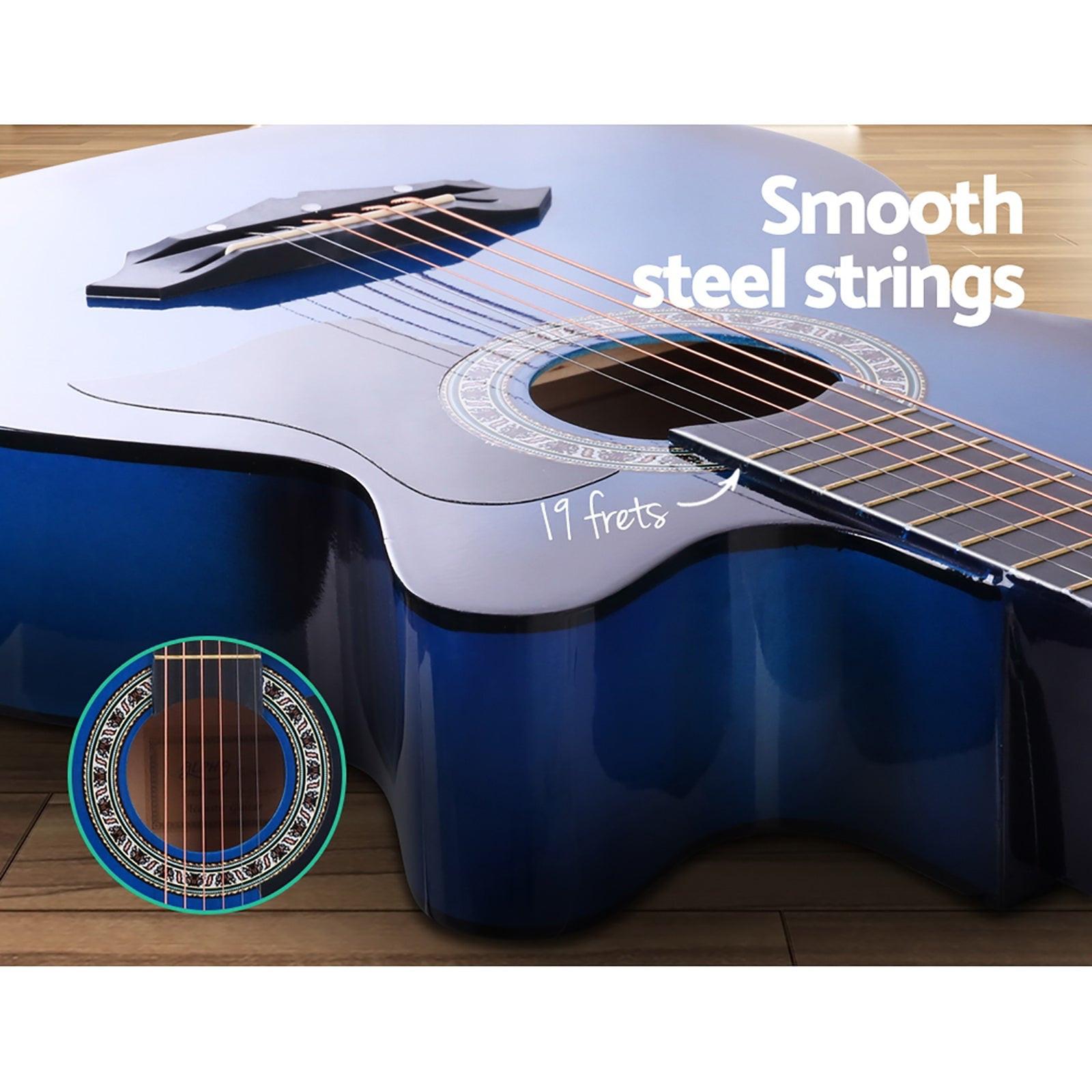 Alpha 38 Inch Acoustic Guitar Wooden Body Steel String Full Size w/ Stand Blue.