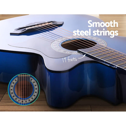 Alpha 38 Inch Acoustic Guitar Wooden Body Steel String Full Size w/ Stand Blue.