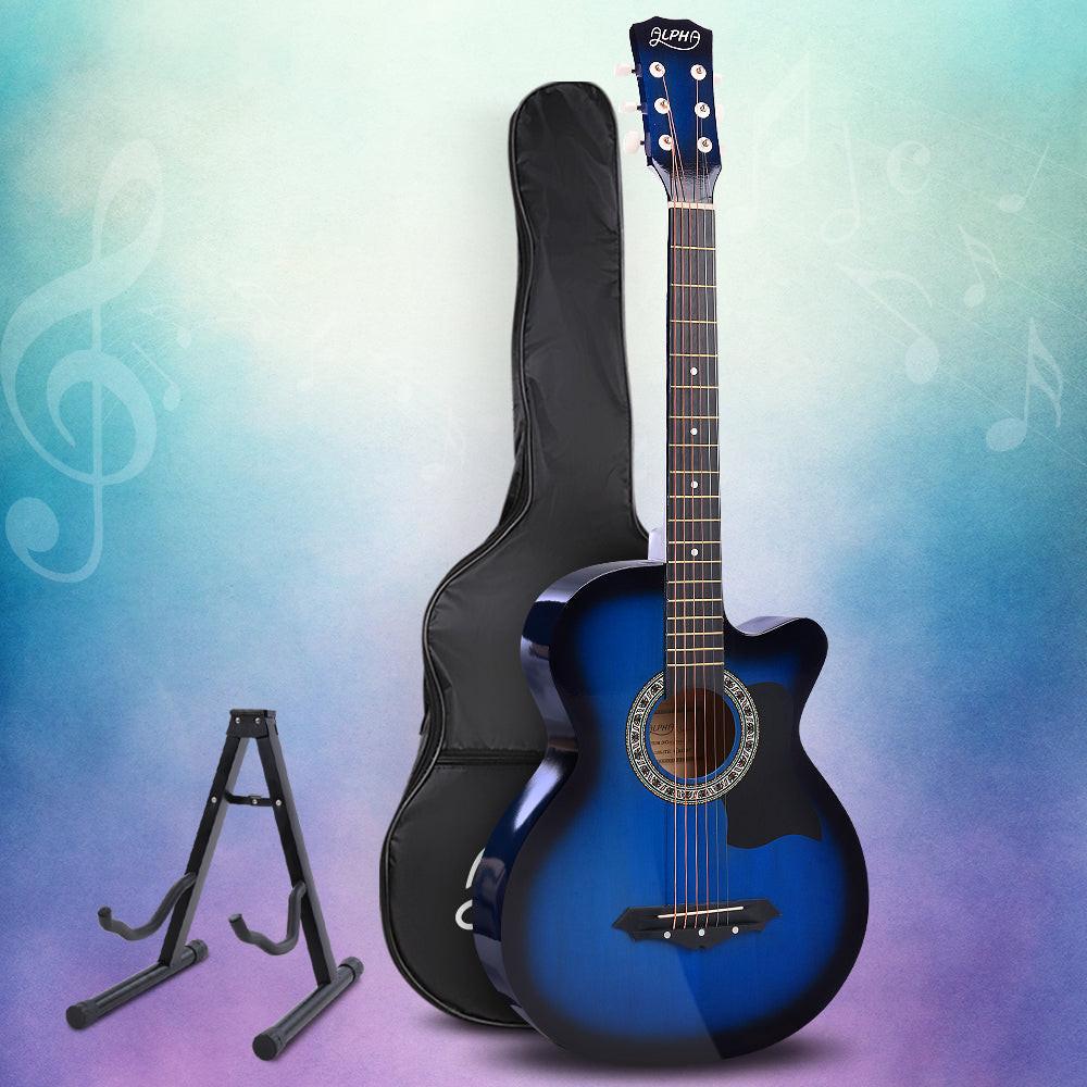 Alpha 38 Inch Acoustic Guitar Wooden Body Steel String Full Size w/ Stand Blue.