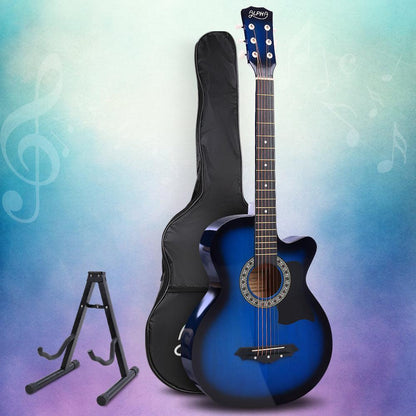 Alpha 38 Inch Acoustic Guitar Wooden Body Steel String Full Size w/ Stand Blue.
