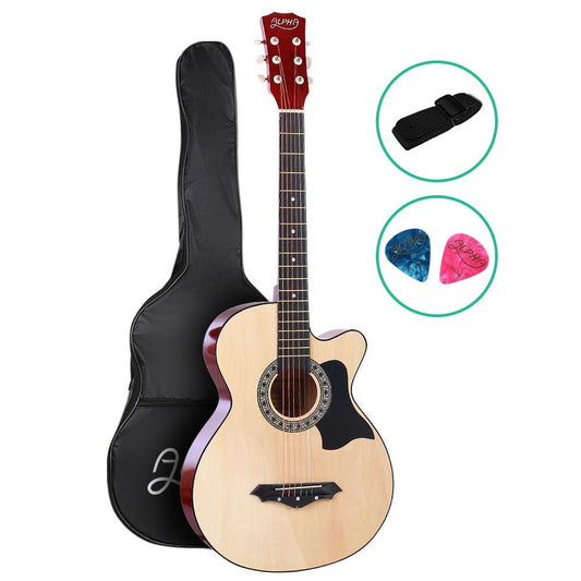 Alpha 38 Inch Acoustic Guitar Wooden Body Steel String Full Size Cutaway Wood.