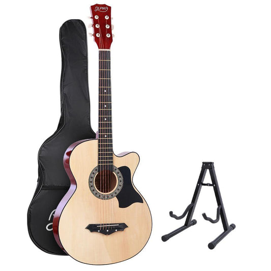 Alpha 38 Inch Acoustic Guitar Wooden Body Steel String Full Size w/ Stand Wood.