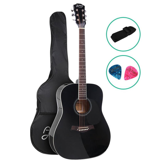 Alpha 41 Inch Acoustic Guitar Wooden Body Steel String Dreadnought Black.