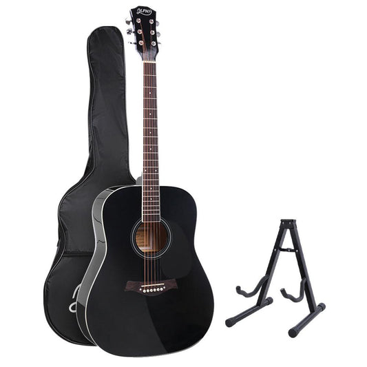 Alpha 41 Inch Acoustic Guitar Wooden Body Steel String Dreadnought Stand Black.
