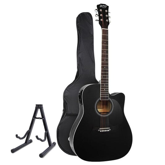 Alpha 41 Inch Acoustic Guitar Equaliser Electric Output Cutaway w/ Stand Black.