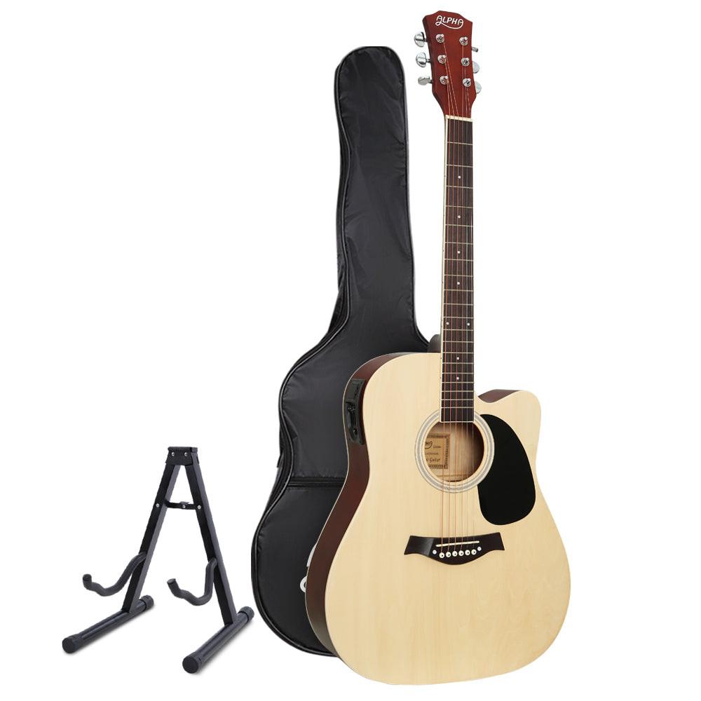 Alpha 41 Inch Acoustic Guitar Equaliser Electric Output Cutaway w/ Stand Wood.