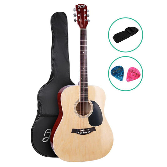 Alpha 41 Inch Acoustic Guitar Wooden Body Steel String Dreadnought Wood.