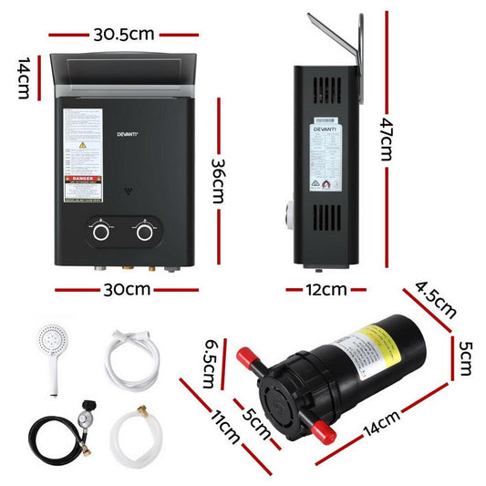 Devanti Portable Gas Water Heater LPG-powered System Black With Pump.