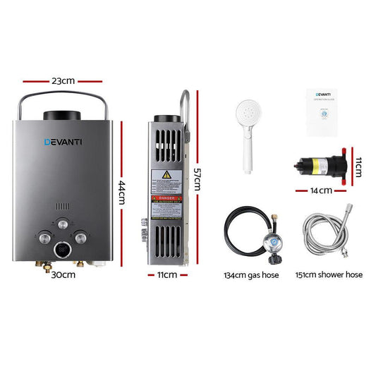 Devanti Portable Gas Water Heater With Pump LPG System Grey.