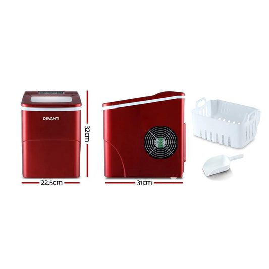 DEVANTi Portable Ice Cube Maker Machine 2L Home Bar Benchtop Easy Quick Red.