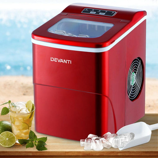 DEVANTi Portable Ice Cube Maker Machine 2L Home Bar Benchtop Easy Quick Red.