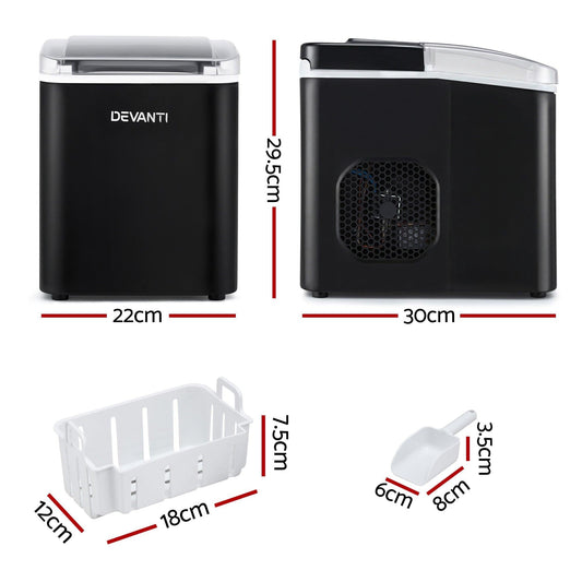 Devanti Ice Maker Machine Portable 12kg Countertop w/Self Cleaning 1.2L Black.