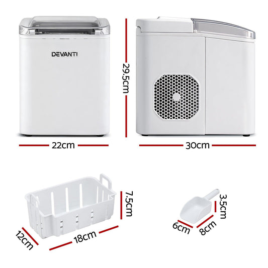 Devanti Ice Maker Machine Portable 12kg Countertop w/Self Cleaning 1.2L White.