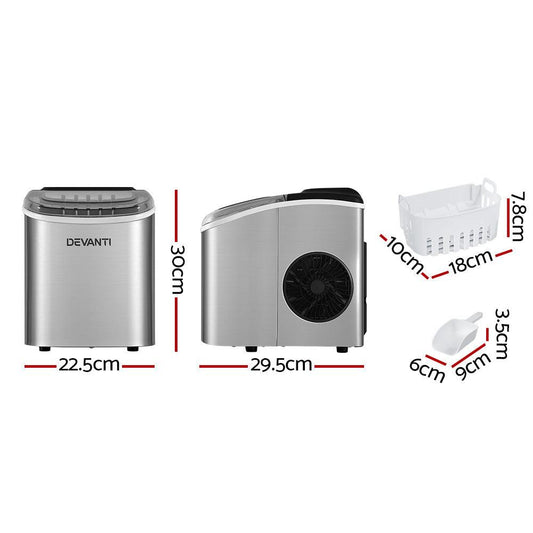 Devanti 12kg Ice Maker Machine w/Self Cleaning Silver.
