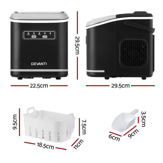 Devanti Ice Maker Machine Portable 12kg Countertop w/Self Cleaning 1.3L Black.