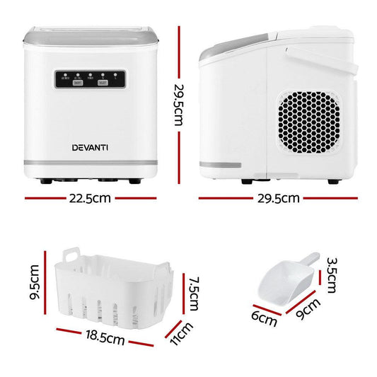 Devanti Ice Maker Machine Portable 12kg Countertop w/Self Cleaning 1.3L White.