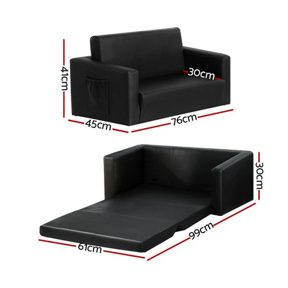 Keezi Kids Sofa 2 Seater Children Flip Open Couch PU Leather Armchair Black.