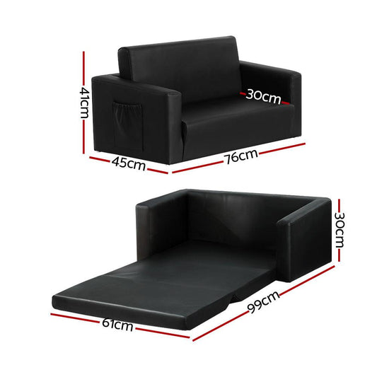 Keezi Kids Sofa 2 Seater Children Flip Open Couch PU Leather Armchair Black.