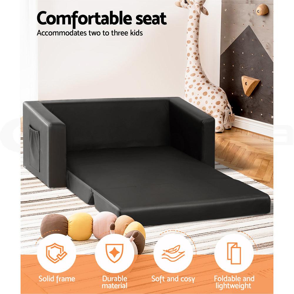 Keezi Kids Sofa 2 Seater Children Flip Open Couch PU Leather Armchair Black.