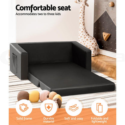 Keezi Kids Sofa 2 Seater Children Flip Open Couch PU Leather Armchair Black.