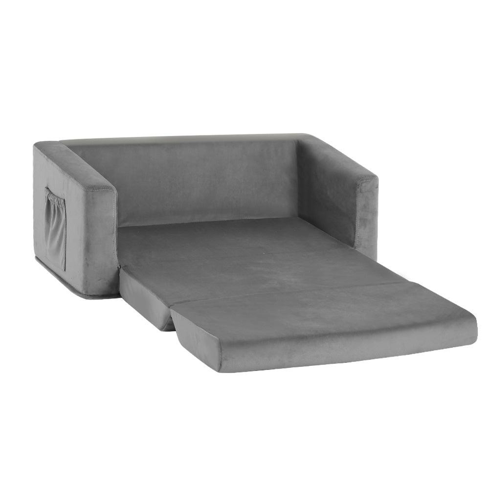 Keezi Kids Sofa 2 Seater Children Flip Open Couch Velvet Armchair Grey.