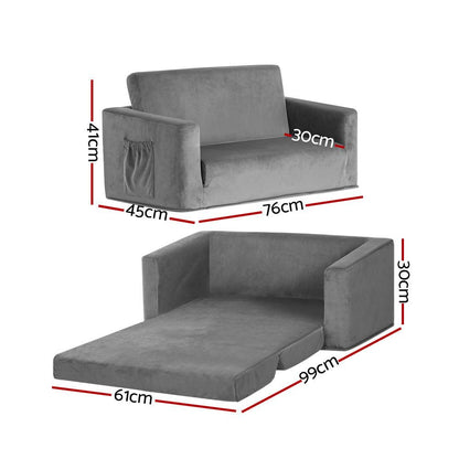 Keezi Kids Sofa 2 Seater Children Flip Open Couch Velvet Armchair Grey.