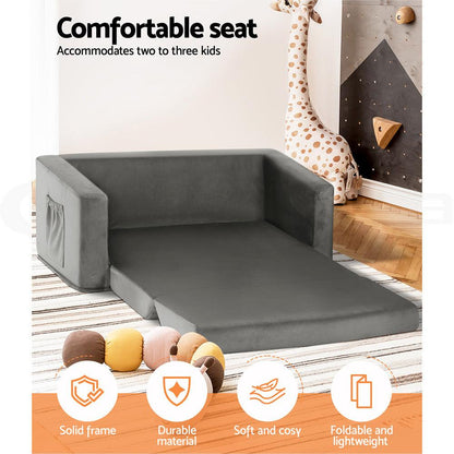 Keezi Kids Sofa 2 Seater Children Flip Open Couch Velvet Armchair Grey.