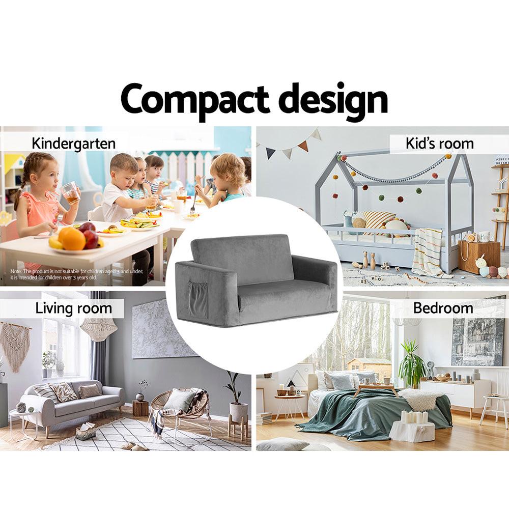 Keezi Kids Sofa 2 Seater Children Flip Open Couch Velvet Armchair Grey.