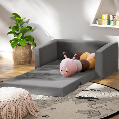 Keezi Kids Sofa 2 Seater Children Flip Open Couch Velvet Armchair Grey.