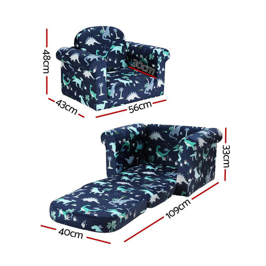 Keezi Kids Sofa 1 Seater Children Flip Open Couch Lounger Armchair Dinosaur Navy.