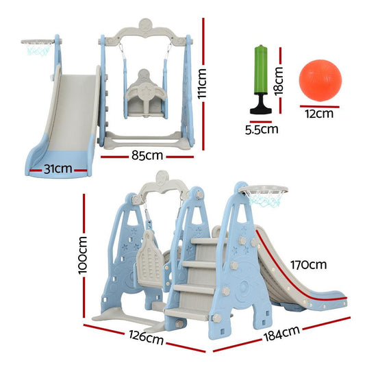 Keezi Kids Slide Swing Set Basketball Hoop Outdoor Playground Toys 170cm Blue.