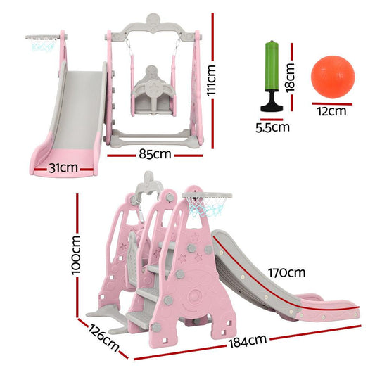 Keezi Kids Slide Swing Set Basketball Hoop Outdoor Playground Toys 170cm Pink.