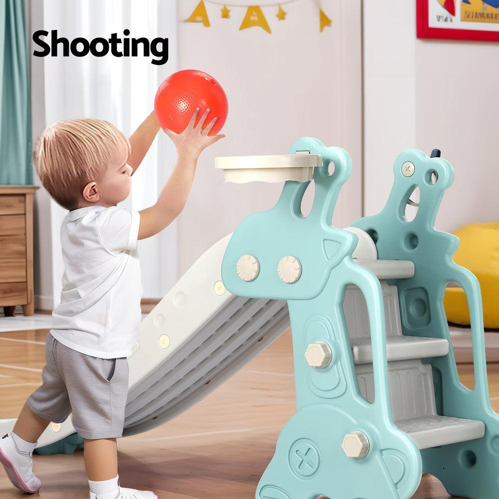 Keezi Kids Slide Set Basketball Hoop Ring Outdoor Playground Toy Deer 140cm Blue.