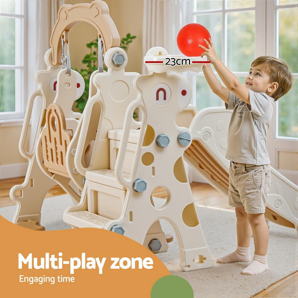 Keezi Kids Slide Swing Set Basketball Hoop Outdoor Playground Toys 160cm Beige.